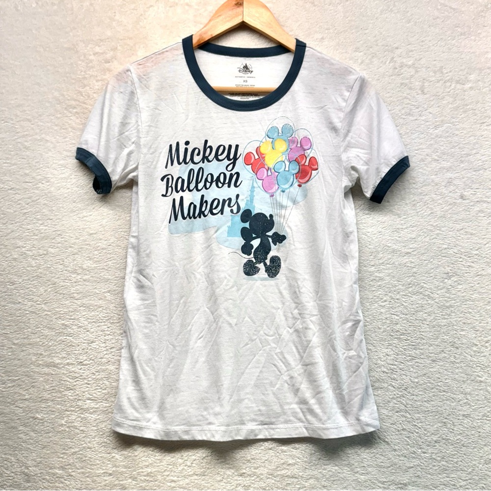 Disney Mickey Balloon Makers Graphic T-shirt, White w/ Teal Blue Trim, Size XS